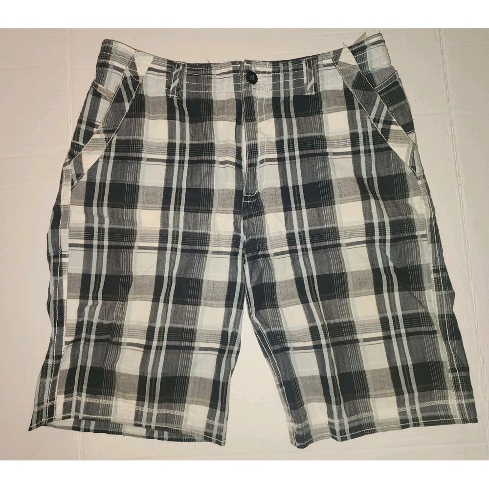 BKE Men's Shorts Size 32 Malibu Slim Flat Front Fit Black White Plaid,23 Outseam